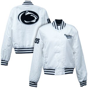 women's white bomber jacket with Penn State Nittany Lions on left chest, Athletic Logo on back